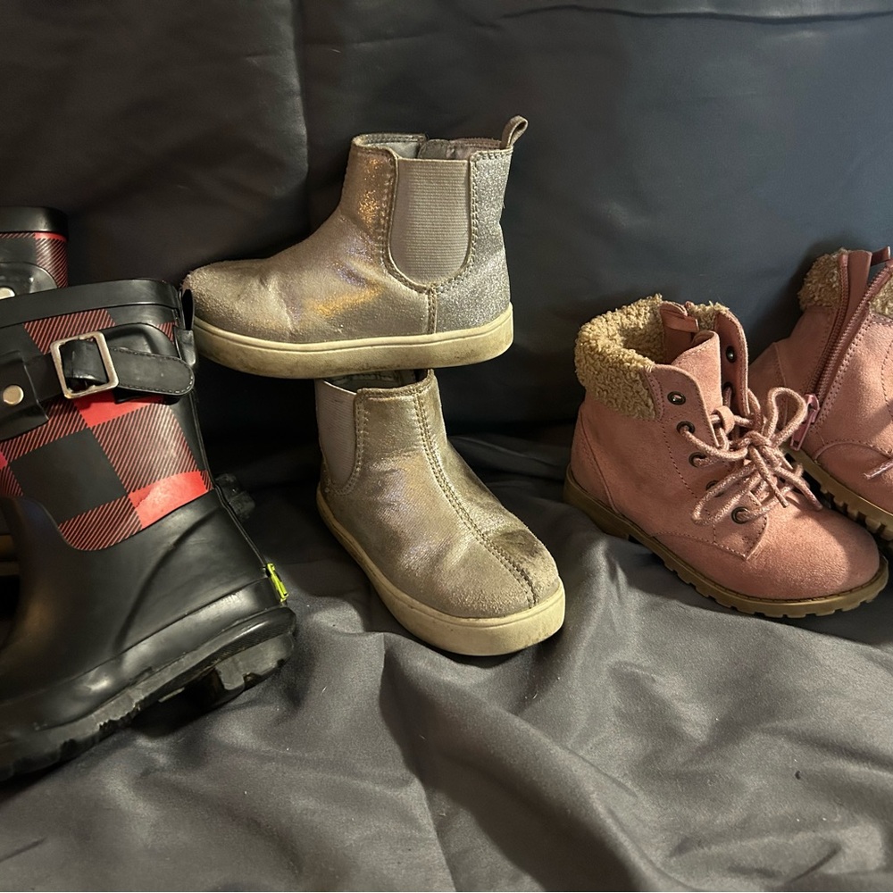 Toddler size 7 ankle sneakers and pink boots; toddler size 6 rain boots